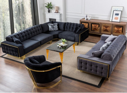Designer 3tlg.Wohnzimmer set Ecksofa L-form + 3 + 1 Sitzer Luxus Eckcouch